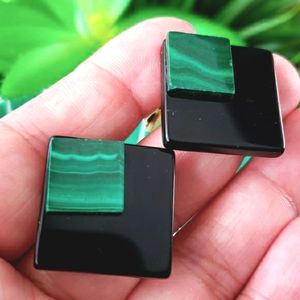 Vtg Onyx Malachite 14k GP Colorblock Artisan Earring